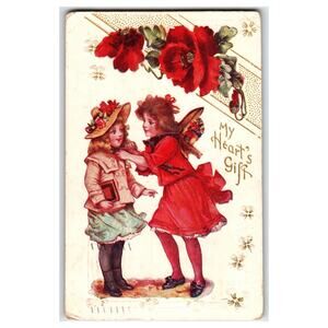 Vintage 1909 Embossed Valentine Postcard My Heart's Gift with Girls